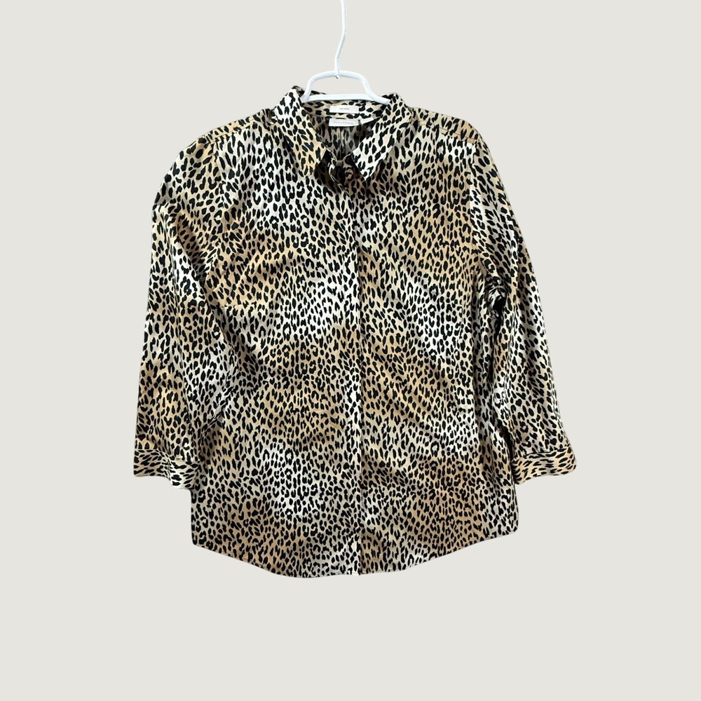 Chicos No-Iron Leopard Animal Print Cotton Button Down Shirt Blouse Brown Size 3